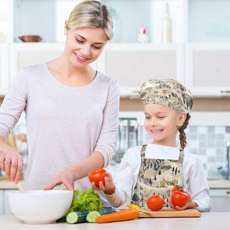 Kid Chef Costume Comfy Boho Fantasy City Map Kids Apron Chef Hat Set for Cooking Baking 3-12 Years Old - Image 5