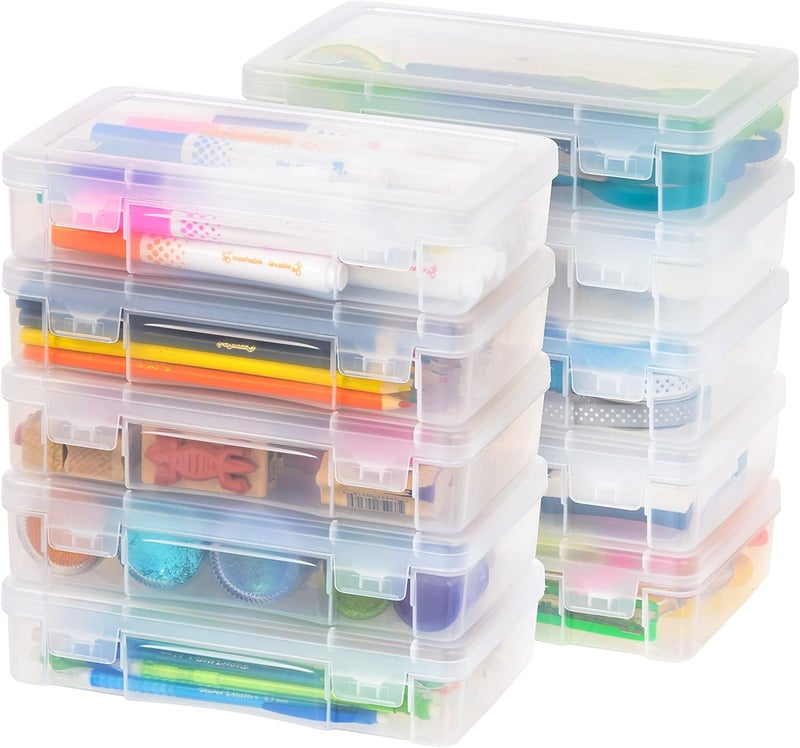 IrisUSA Pencil Case Plastic Pouch Box Storage Organizer for Beads, Pens, and Art Supplies, 10-Pack, Stackable Container with Snap Lid for Jewelry, Stickers, and Tackle Box, Clear, Medium - Image 1