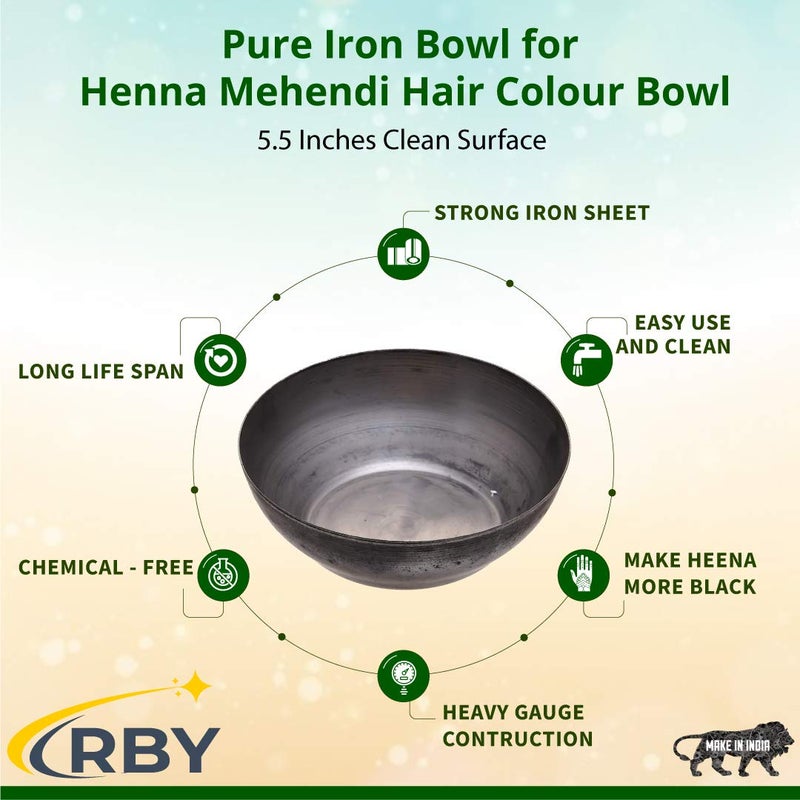 RBY Mehndi Mixing Bowl with Fine Bristle Wooden Brush Iron Katori Bowl Hina Kadai for Henna Hair Masks Reusable Easy to Clean for Salon and Home Use Suitable for All Skin Types 8 inch Design 1 - Image 2