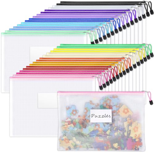 Sooez 32 Pack Mesh Zipper Pouch Bags, A4 Letter Size, Zipper Bags with Label Pocket, Waterproof Pouches for Classroom Organization, Board Game Storage, Document Bag for Teacher School Office Supplies - Image 1