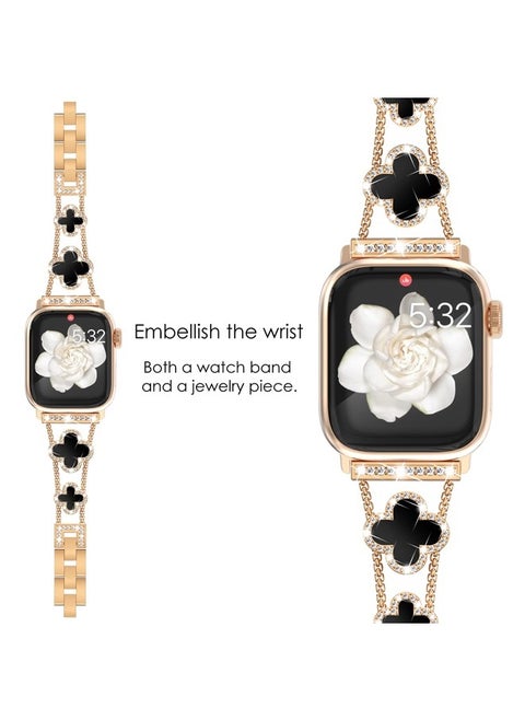Compatible for Apple Watch Band Series 8 Series 7 45mm 44mm SE Series 6 5 4 3 42mm, Sparkling Bling Diamonds Clover Leaf Bracelet for iWatch Band Womens, Rosegold/Black