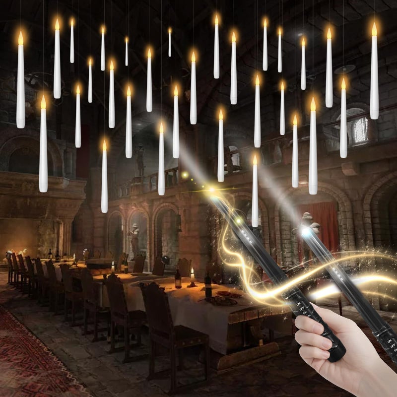kakoya Flameless Floating Candles with Wand30 Pcs Magic LED Hanging Taper CandlesFlickering Battery Operated Taper Candle with Wand Remote for Halloween Decorations Best GiftWhite - Image 2