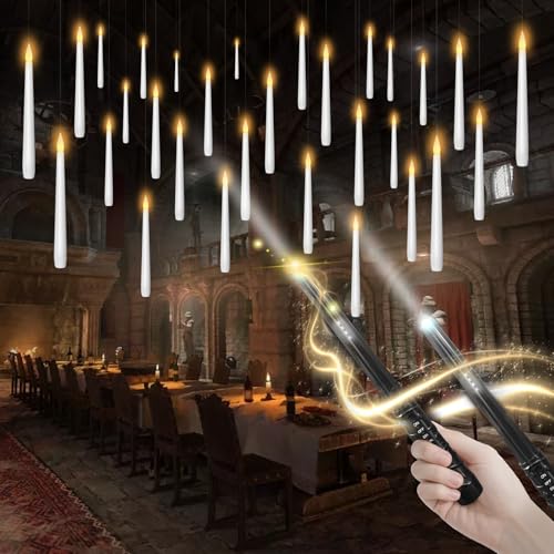 kakoya Flameless Floating Candles with Wand30 Pcs Magic LED Hanging Taper CandlesFlickering Battery Operated Taper Candle with Wand Remote for Halloween Decorations Best GiftWhite - Image 1