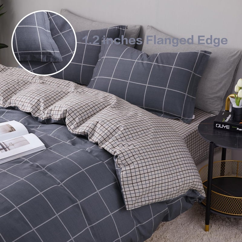 SAPHREAS Gray Plaid Geometric Duvet Cover Set King Size 3pcs Dark Grey Grid Cotton Bedding Comforter Cover Set 1 Duvet Cover 2 Pillow Shams - Image 3