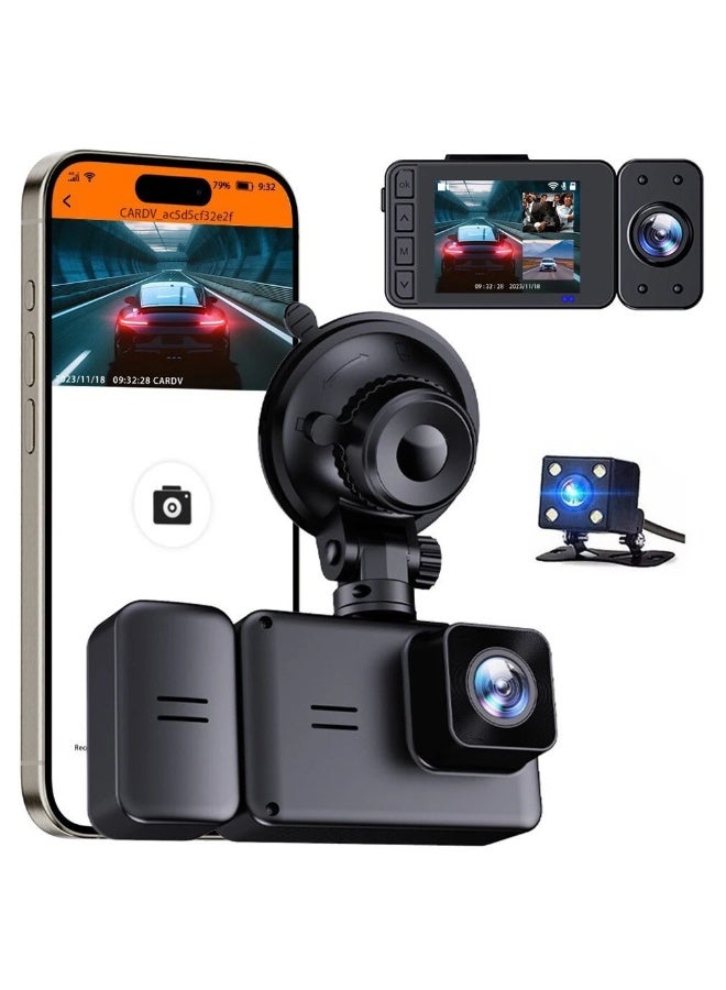 3 Channel WiFi Dash Cam Front Cabin Rear Car Camera 1080P Night Vision Loop Recording Black - Image 1
