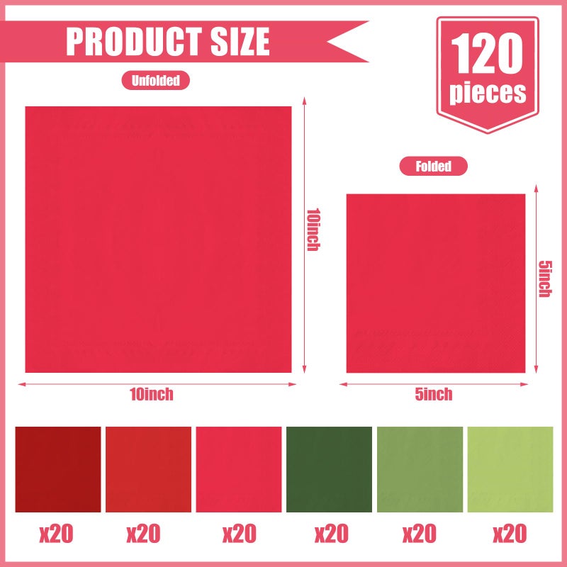 Whaline 120 Sheet Christmas Cocktail Napkin 2 Ply Red Green Color Paper Napkins 6 Colors Disposable Dinner Napkins For Xmas Winter Holiday Supplies - Image 2