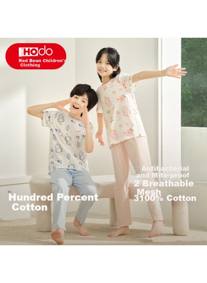 Red Bean Children'S Cotton Short Sleeve Home Wear Set For Boys And Girls Summer Thin Air Conditioning Clothes J3357 Light Blue 120 - Image 1