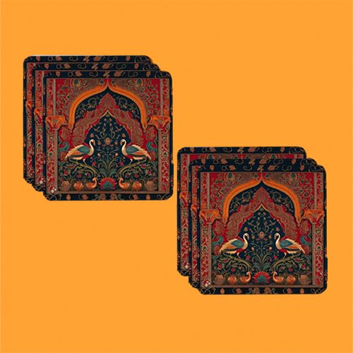 TAJNAN Indian Art Printed Coaster Set of 6 Beautiful Wooden Coasters with Plastic (Coaster-Raj-Art-d) - Image 2