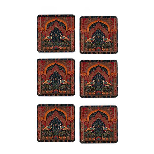 TAJNAN Indian Art Printed Coaster Set of 6 Beautiful Wooden Coasters with Plastic (Coaster-Raj-Art-d) - Image 1