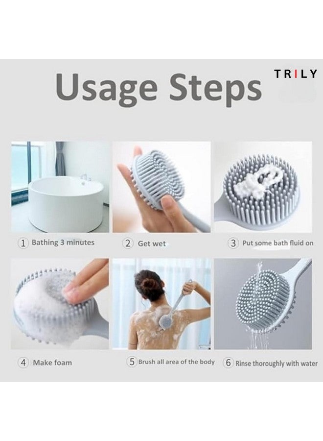TRILY Soft Silicone Back Scrubber Shower Bath Body Brush with Long Handle, BPA-Free, Hypoallergenic, Eco-Friendly (MULTICOLOR) (Silicone Bath Brush pack of 1) - Image 5