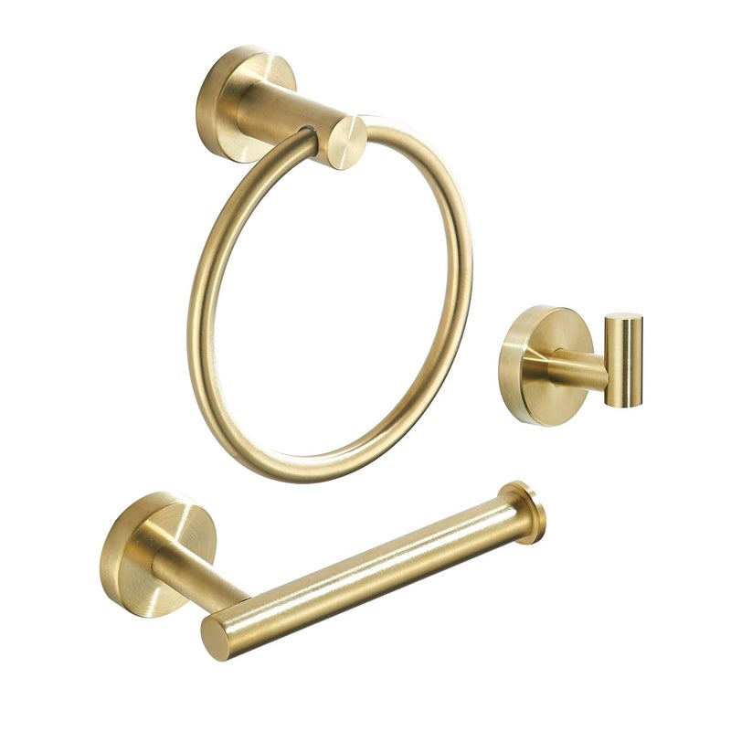 FAIRGIA Gold Bathroom Hardware Toilet Paper Holder Towel Ring and Robe Hook Brushed Gold Bathroom Accessories Set Wall Mount 3 Pieces Stainless Steel1