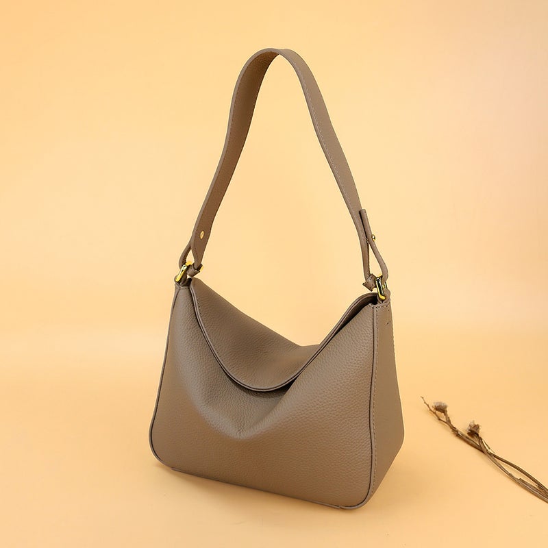 2023 Leather Baguette Underarm Bag Litchi Pattern Top Layer Cowhide Niche Design Shoulder Crossbody Bag - Image 3
