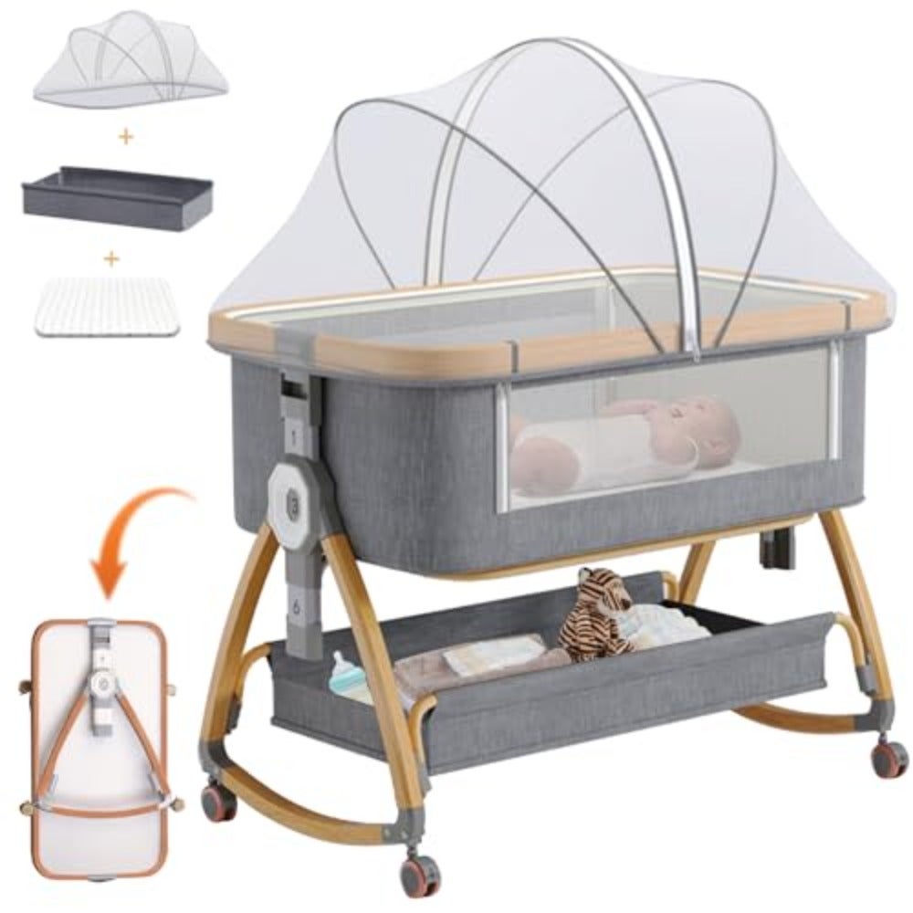 baihuoBaby Bassinet, Bedside Bassinet for Baby, 6 Height Adjustable Babies Bed, 3 in 1 Easy Folding Bedside Sleeper with Wheels, Babies Cradle, Mosquito Net, Portable Crib for Infant/Newborn