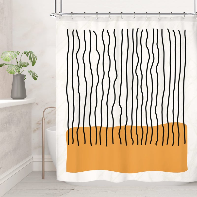 Riyidecor Abstract Mid Century Shower Curtain Modern Minimalist Vertical Stripe and Orange Block 60Wx72H Inch Black Line Colorful Art Painting Fabric Decor Bathroom Polyester Waterproof 12 Pack Hooks - Image 2