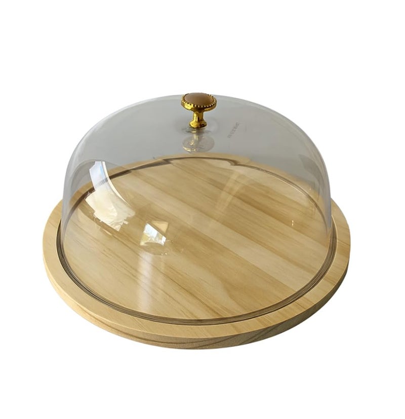 RIGJAK Wooden Cake Display Plate - Single Stand for Showcasing Cakes and Cupcakes | Clear Acrylic Dome Lid, Cake Display Server Tray for Kitchen, Round Cake Cutting Holder - Image 1