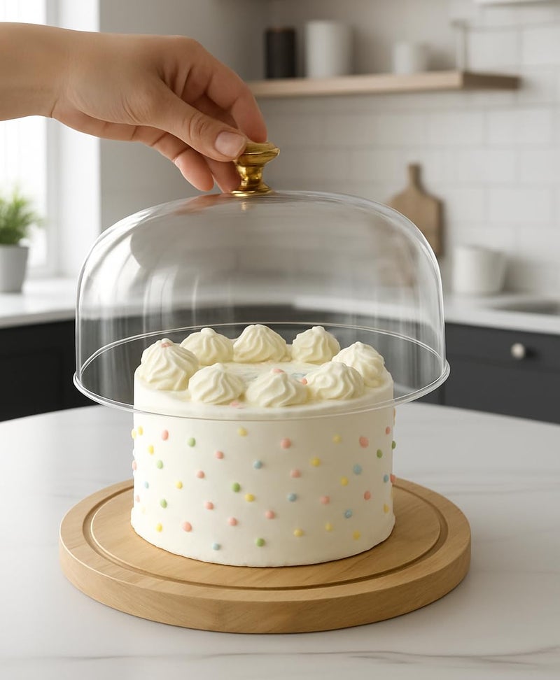 RIGJAK Wooden Cake Display Plate - Single Stand for Showcasing Cakes and Cupcakes | Clear Acrylic Dome Lid, Cake Display Server Tray for Kitchen, Round Cake Cutting Holder - Image 5