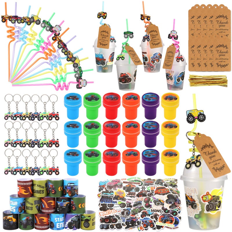 Kolewo4ever 244 Pieces Monster Truck Party Gifts Set Monster Truck Party Supplies Jam Birthday Decorations with Cup Straw Keychain Sticker Thank You Tags - Image 3