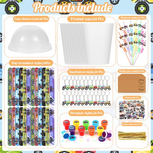Kolewo4ever 244 Pieces Monster Truck Party Gifts Set Monster Truck Party Supplies Jam Birthday Decorations with Cup Straw Keychain Sticker Thank You Tags - Image 5