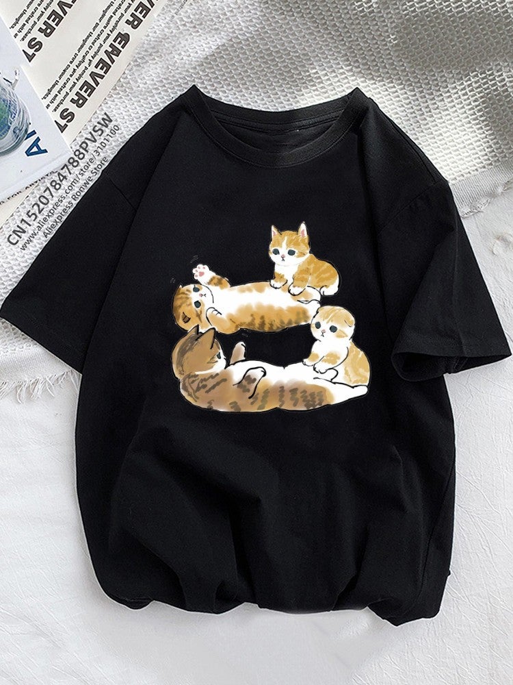 Cat Cat Cartoon Printed T-Shirt Kawaii Women'S Clothing Plus Size Top Short Sleeve - Image 1