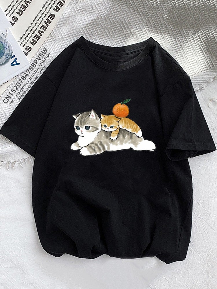 Cat Cat Cartoon Printed T-Shirt Kawaii Women'S Clothing Plus Size Top Short Sleeve - Image 2