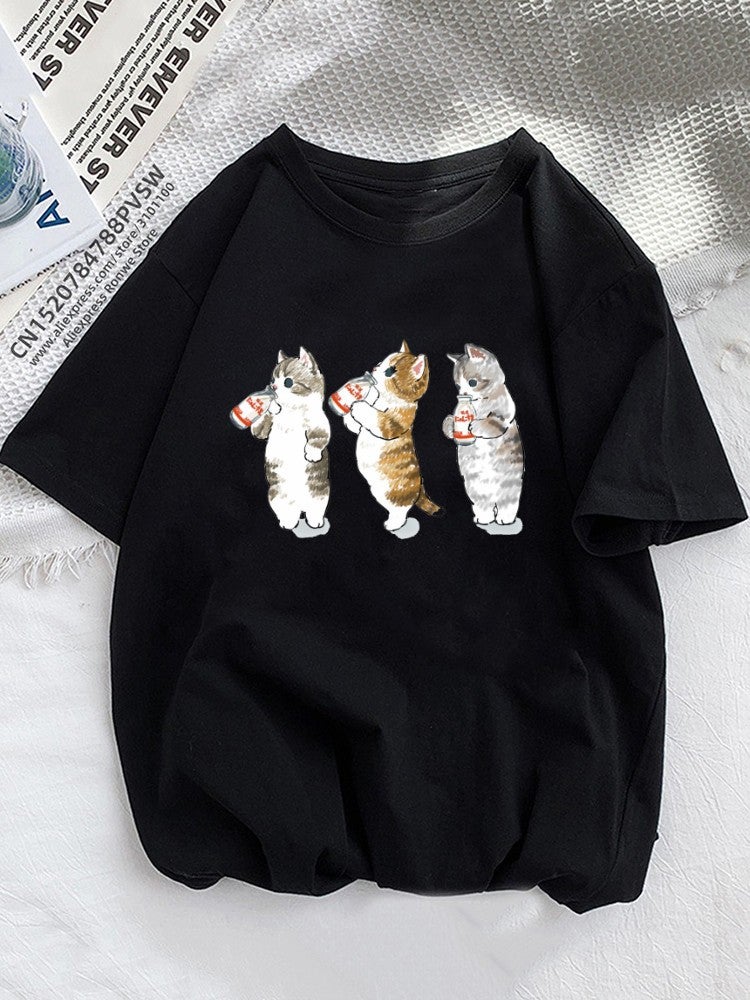 Cat Cat Cartoon Printed T-Shirt Kawaii Women'S Clothing Plus Size Top Short Sleeve - Image 3