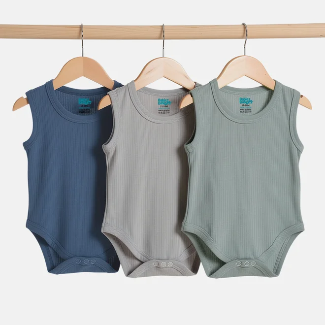 بابيز_بيسك Babies Basic Pack of 3 - Premium Ribbed Cotton Sleeveless Romper