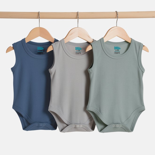 Babies Basic Pack of 3 - Premium Ribbed Cotton Sleeveless Romper - Image 1
