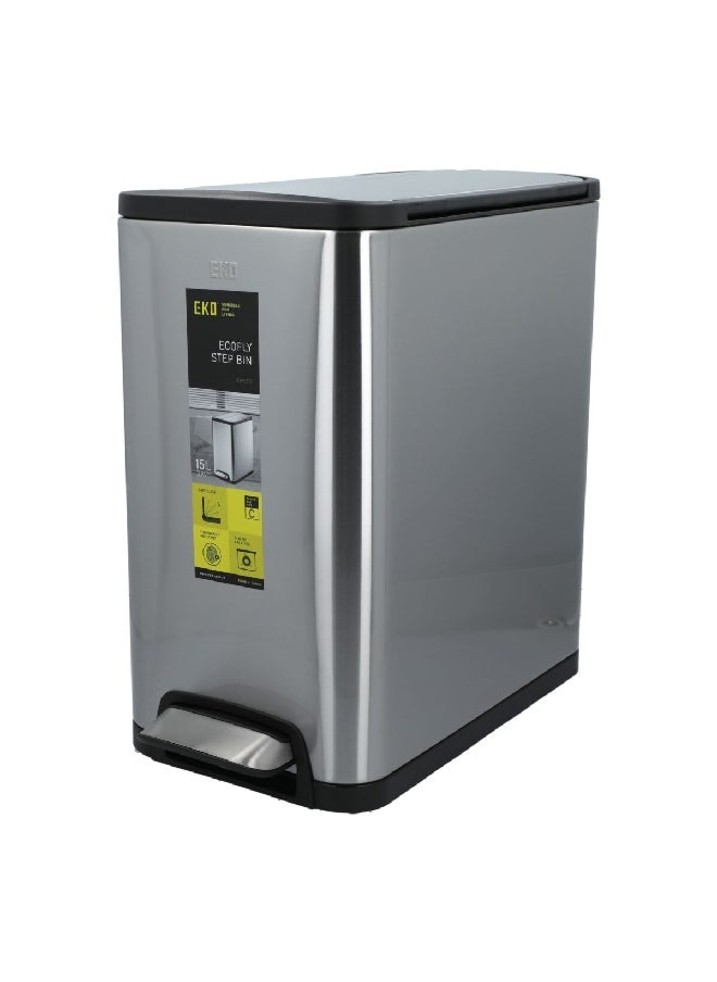 EKO - Soft Closing Lid Round Ecofly Step Trash Can Silver 15 L EK9377MT-15L - Image 1