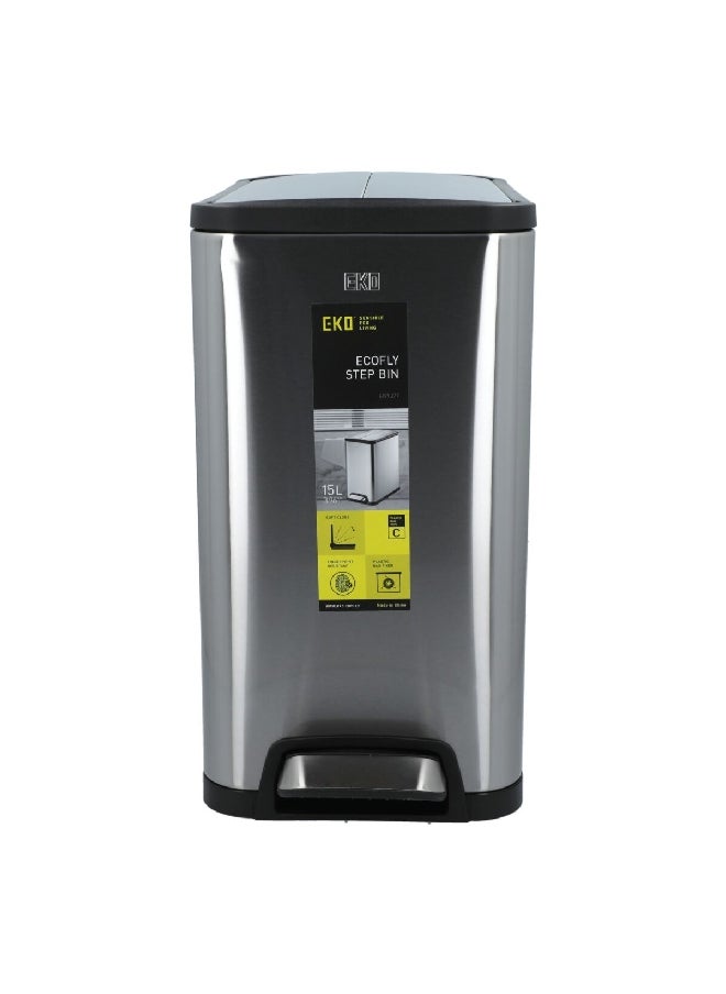 EKO - Soft Closing Lid Round Ecofly Step Trash Can Silver 15 L EK9377MT-15L - Image 1
