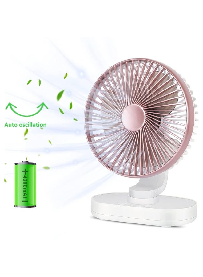 هوتيون Hoteon Small Table Fan for Home, Rechargeable Table Fan with 4000mAh Battery, 4 Speeds Oscillating Desk Fan for Office Desk, Portable Quiet Personal Cooler, Rose Gold - Image 1