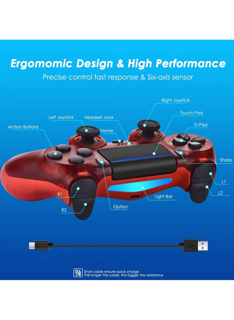 Wireless Controller for Computer Games with Dual Vibration, DualShock Wireless Controller for PS4, Clickable Touchpad and Anti-Slip, Transparent Red - Image 5
