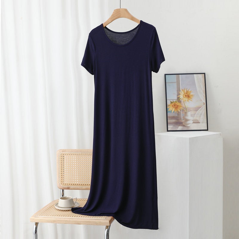 Modal short sleeve dress womens summer thin loose underskirt plus size outer wear round neck bottoming skirt home casual dress Long navy blue