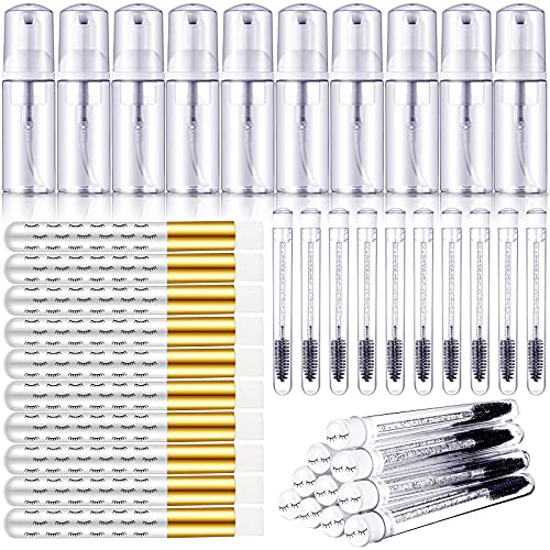 Geiserailie 30 Pcs Lash Shampoo Brushes Soap Bottle Set 10 Eyelash Extensions Mascara Brushes 10 Peel off Blackhead Nose Cleaning Brush 10 Plastic Foam Reusable Bottle for WomenSimpleWhite
