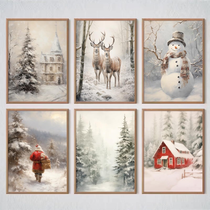 Pennclys Christmas Wall Art Winter Wall Decor Pictures Christmas Tree Canvas Wall Art Snowman Santa Claus Poster Snow Reindeer Prints Elk Farmhouse Painting for Living Room Home 8x10x6 Inch Unframed - Image 2