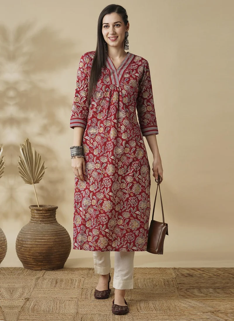 globus Globus Women Allover Floral Printed Sequin Detail V-Neck Pleated A-Line Kurta