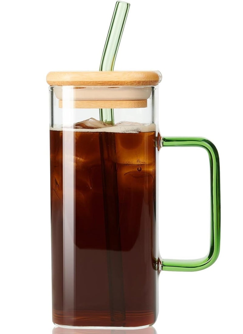 SKDBPM Glass Tumbler with Colored Handle 400ml Coffee Sipper with Wooden Lid and Glass Straw Iced Tea Mug Clear Drinking Cup for Juice Milk Smoothie Beer Sipper with Straw Pack of 1 - Image 1
