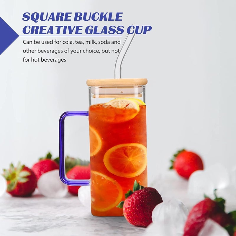 SKDBPM Glass Tumbler with Colored Handle 400ml Coffee Sipper with Wooden Lid and Glass Straw Iced Tea Mug Clear Drinking Cup for Juice Milk Smoothie Beer Sipper with Straw Pack of 1 - Image 3