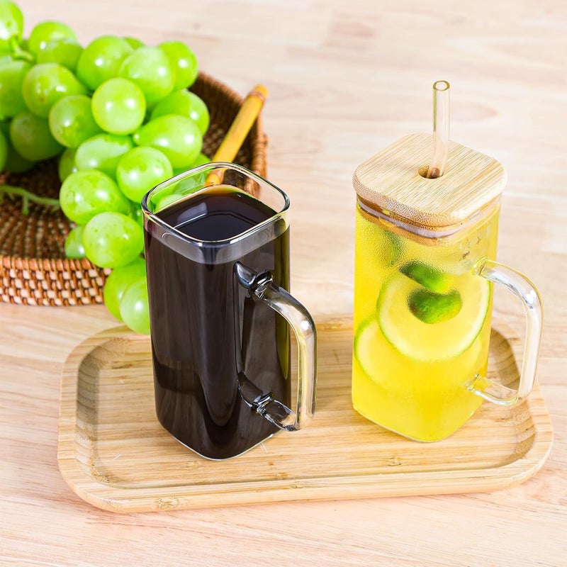 SKDBPM Glass Tumbler with Colored Handle 400ml Coffee Sipper with Wooden Lid and Glass Straw Iced Tea Mug Clear Drinking Cup for Juice Milk Smoothie Beer Sipper with Straw Pack of 1 - Image 5