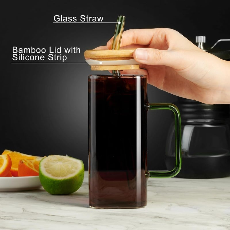 SKDBPM Glass Tumbler with Colored Handle 400ml Coffee Sipper with Wooden Lid and Glass Straw Iced Tea Mug Clear Drinking Cup for Juice Milk Smoothie Beer Sipper with Straw Pack of 1 - Image 2
