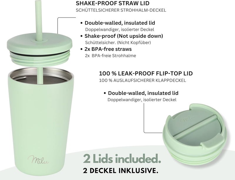 Milu Thermal Mug 300 ml - 100% Leak-Proof - Stainless Steel Coffee Mug to Go Insulated with Straw Keeps 10 Hours Hot / 20 Hours Cold, BPA-Free (Lily Green, 300 ml) - Image 2