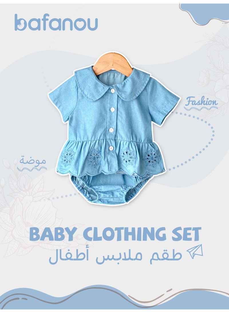 Bafanou Summer Infant Girls Clothing Set Baby Hollow Embroidery Denim Top + Wrap Pants 2 Piece Set  - Image 1