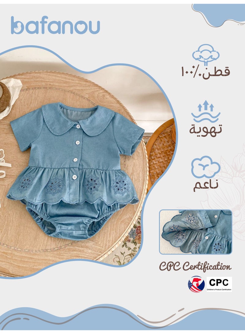 Bafanou Summer Infant Girls Clothing Set Baby Hollow Embroidery Denim Top + Wrap Pants 2 Piece Set  - Image 2