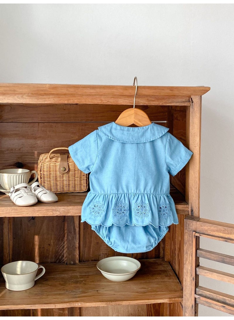 Bafanou Summer Infant Girls Clothing Set Baby Hollow Embroidery Denim Top + Wrap Pants 2 Piece Set  - Image 5