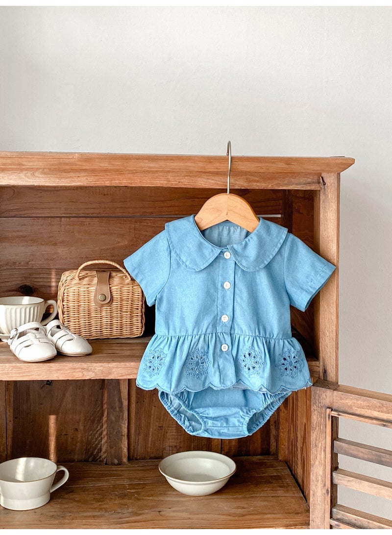 Bafanou Summer Infant Girls Clothing Set Baby Hollow Embroidery Denim Top + Wrap Pants 2 Piece Set  - Image 4