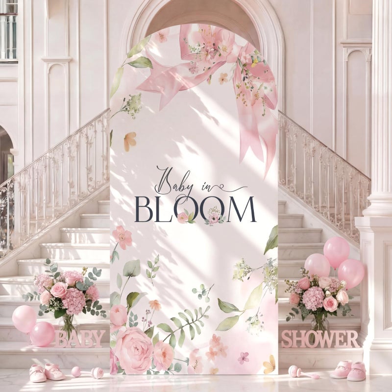Tegeme 7.2ft Baby in Bloom Arch Backdrop Cover Baby Shower Girl Decoration Coquette Large Pink Floral Bow Backdrop Party Favor for Gender Reveal Welcome Girl Party Supply Photo Background Decoration - Image 1