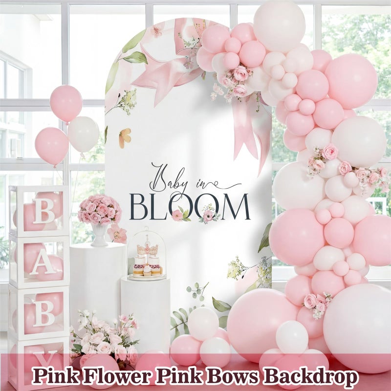 Tegeme 7.2ft Baby in Bloom Arch Backdrop Cover Baby Shower Girl Decoration Coquette Large Pink Floral Bow Backdrop Party Favor for Gender Reveal Welcome Girl Party Supply Photo Background Decoration - Image 3