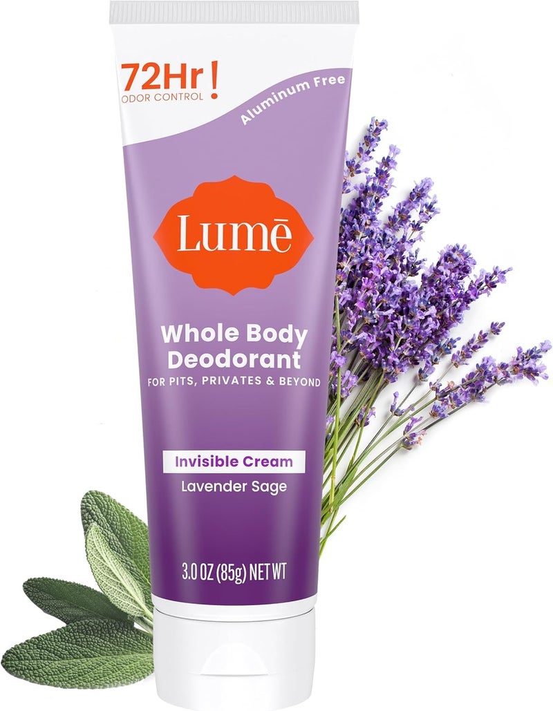Lume Whole Body Deodorant  Invisible Cream Tube  72 Hour Odor Control  Aluminum Free Baking Soda Free Skin Safe  30 ounce Lavender Sage