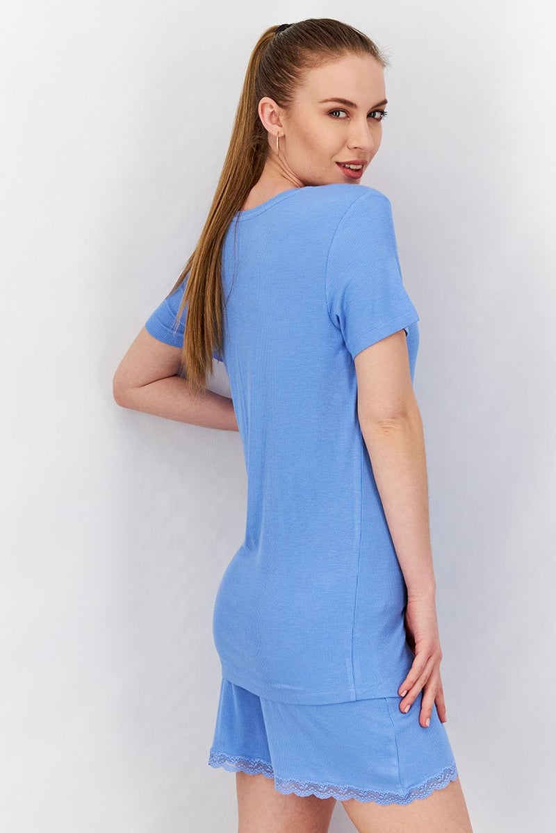 Tchibo Women 2 Pieces Ribbed Pajamas Set, Blue - Image 2