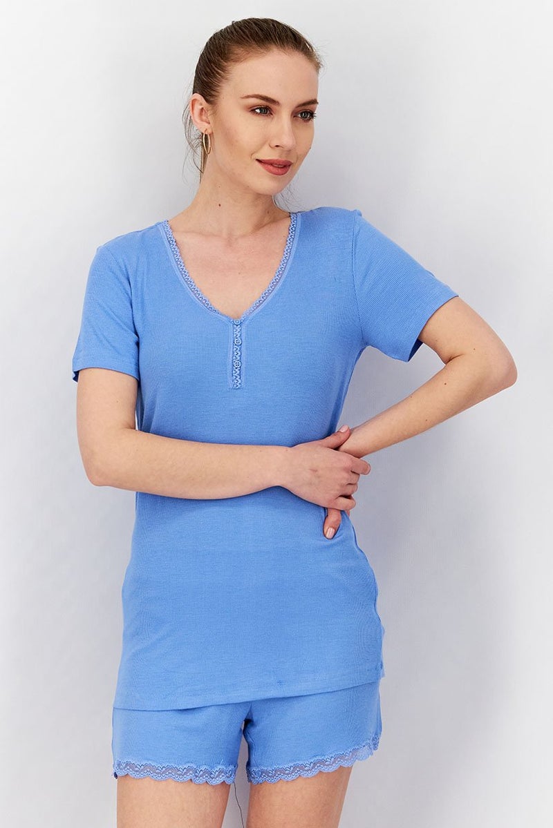 Tchibo Women 2 Pieces Ribbed Pajamas Set, Blue - Image 1