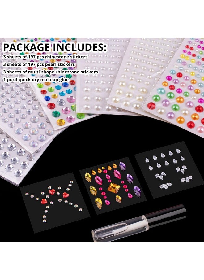 BELLEBOOST 9 Sheets Face Rhinestones and Pearl Stickers Set 2, Rainbow Mixed shape Self Adhesive Gems Face Jewels Stick on, with Makeup Glue for Makeup Eyes Face Hair Nails Body, Crafts and Decorations  - Image 2